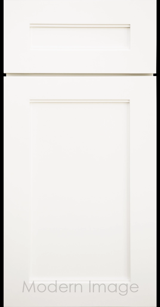 Destin shaker cabinet in Vanilla matte featuring ledge detail and vertical joints around a recessed center panel.